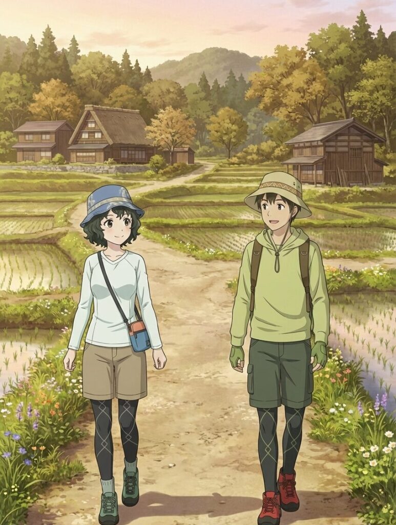 里山を散歩する二人