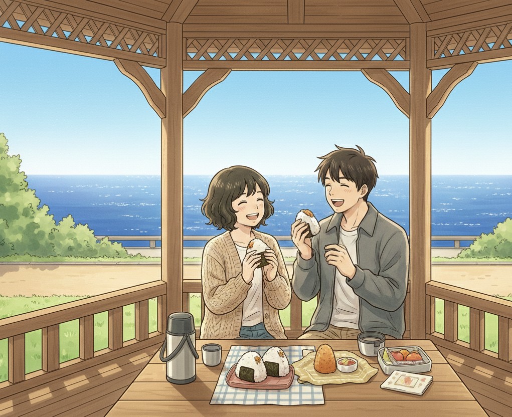 公園のあずまやでおにぎりを楽しむ