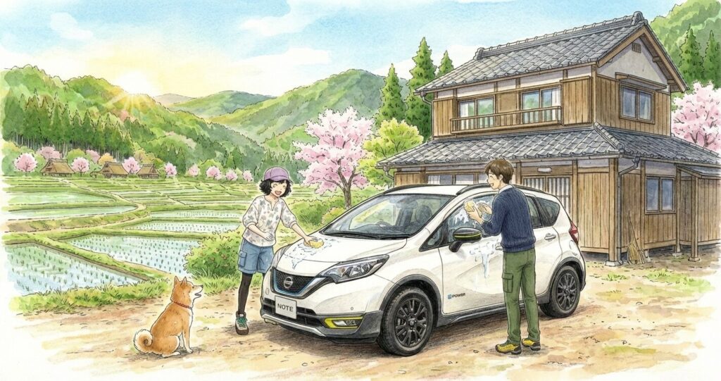 大切に洗車する二人