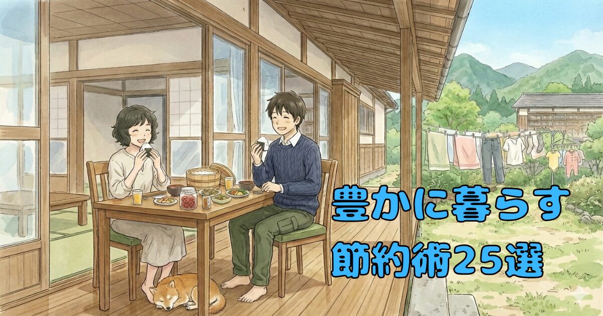 豊かに暮らす、節約術23選と書いてあるイラスト。田舎の風景と男女
