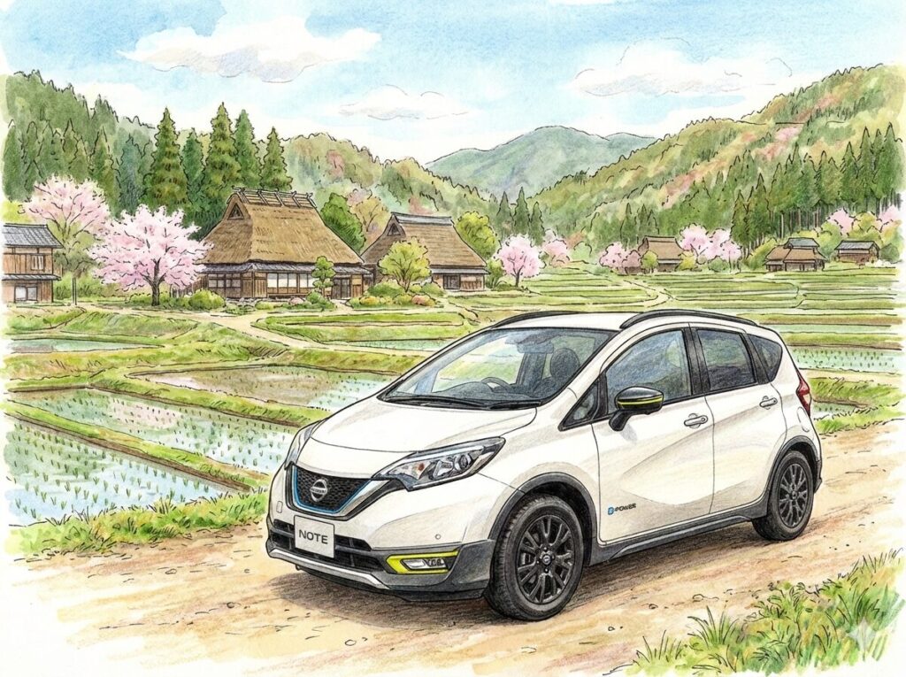 日産ノートepowerが里山を走る