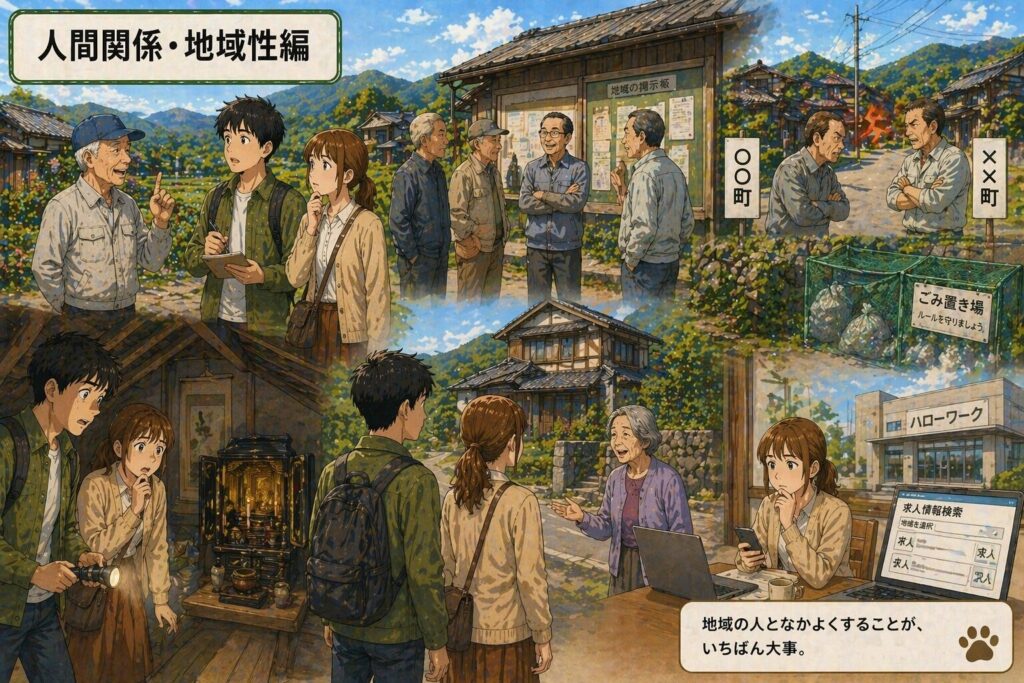 田舎の中古住宅の内見で近隣住民との関係や地域の雰囲気、生活環境を確認している様子