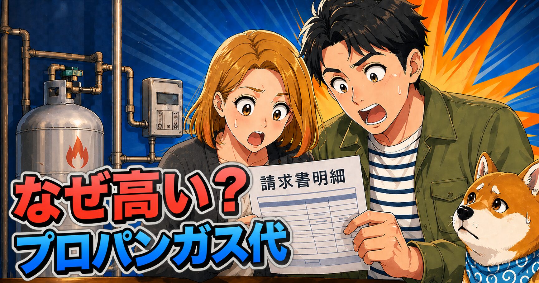 プロパンガス代が高い理由を解説する記事のアイキャッチ画像。3万円の請求書に驚く夫婦と柴犬、プロパンガスボンベをアニメ調で表現。