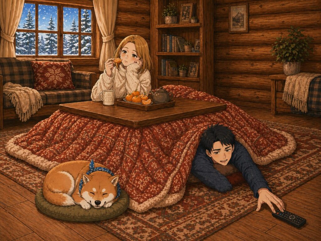 部屋が寒くてこたつから出たくない家族の様子。