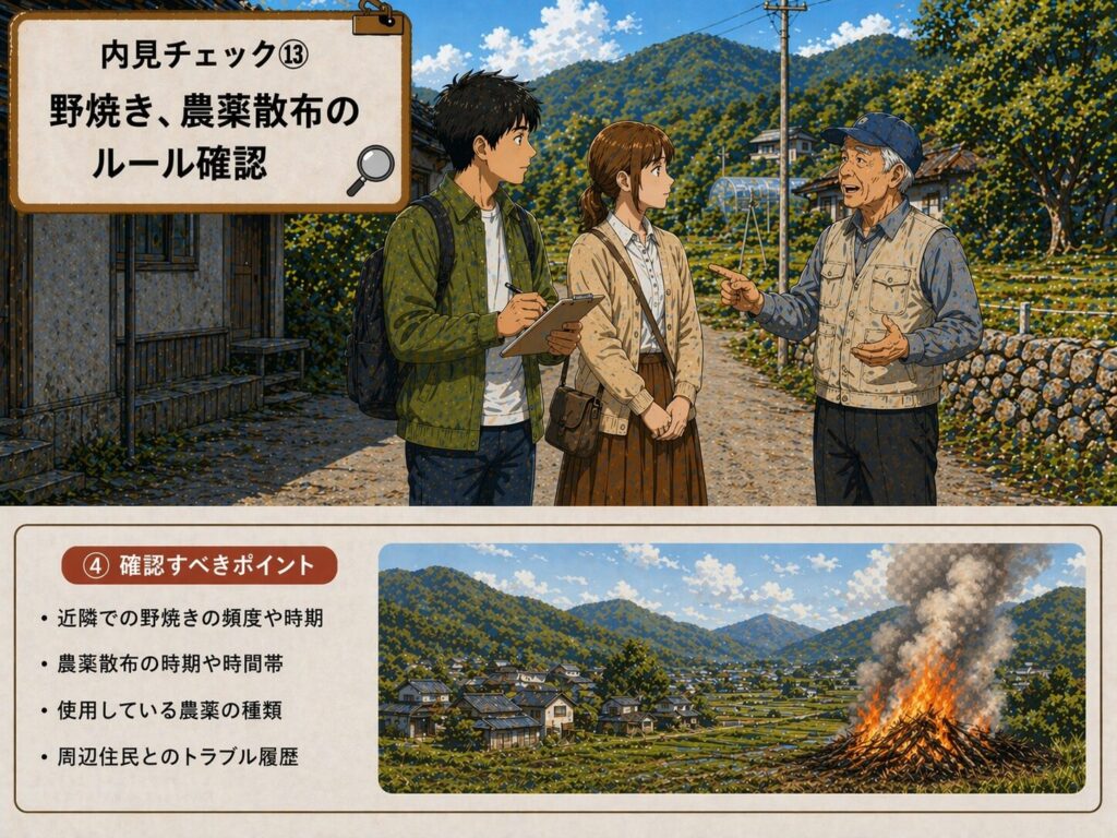 田舎の中古住宅の内見で野焼きや農薬散布の状況を確認し、周辺環境の影響をチェックしている様子