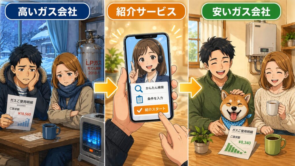プロパンガスは紹介サービスを使うことで高い会社から安い会社へ簡単に切り替えできる仕組みを示した図
