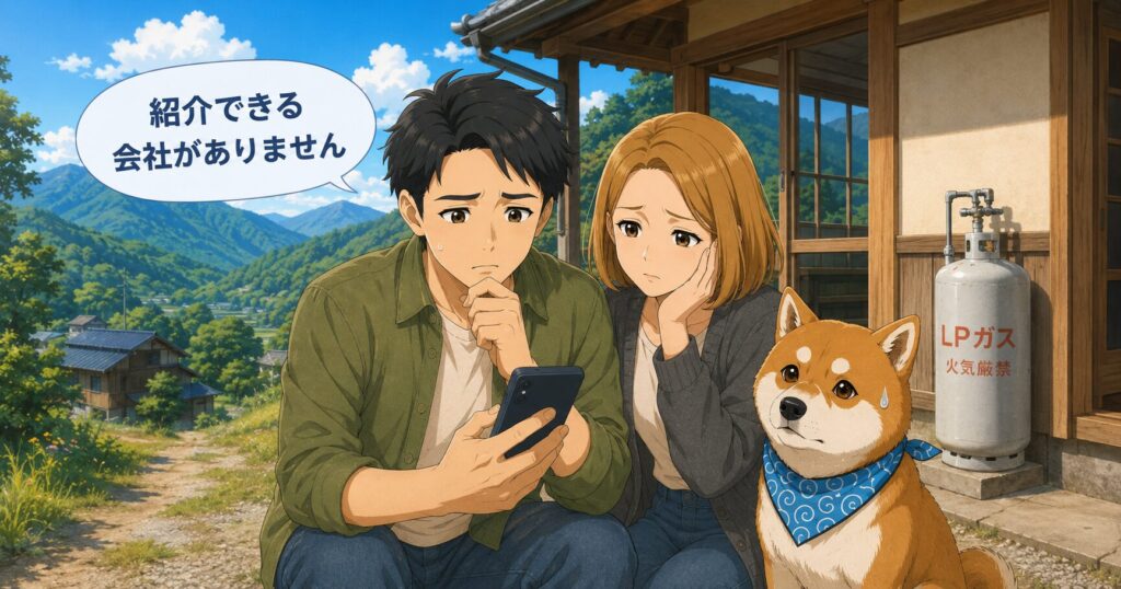 山奥の田舎物件で、紹介できるガス会社がないとわかり困っている夫婦と柴犬の様子