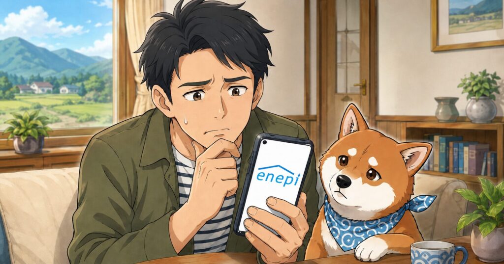 エネピが本当に大丈夫か、田舎の家でスマホを見ながら不安そうに調べている男性と柴犬の様子