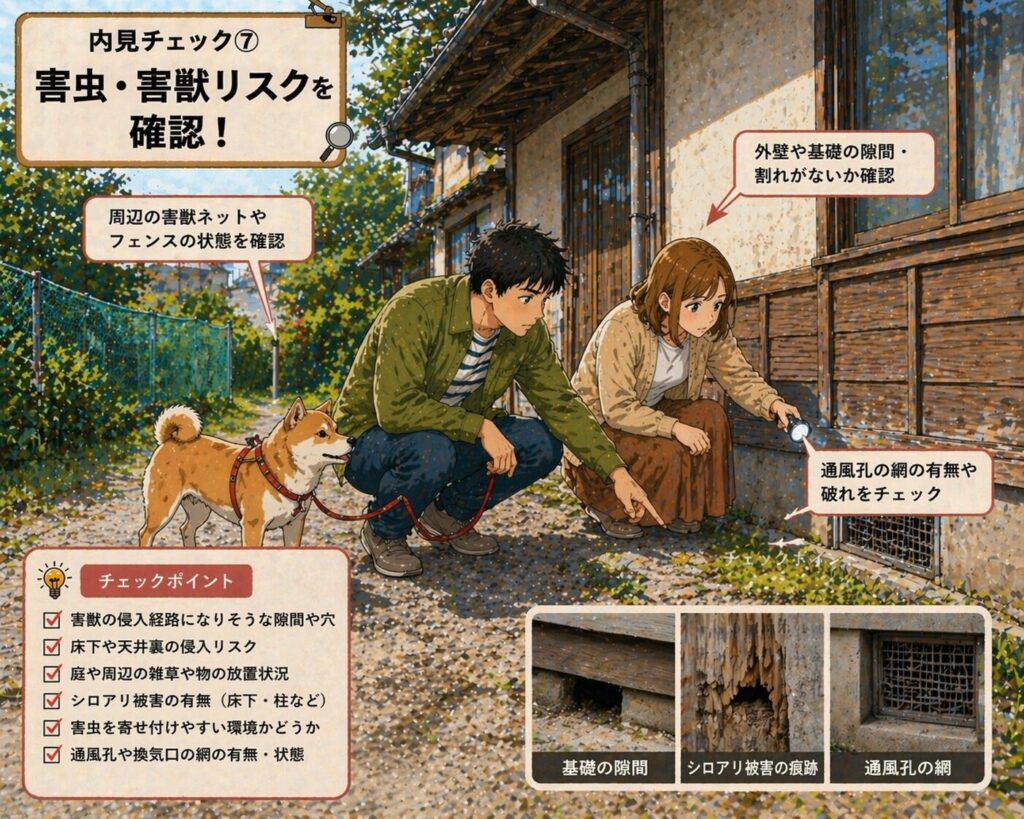 田舎の中古住宅の内見で害虫や害獣の侵入リスクを確認している様子