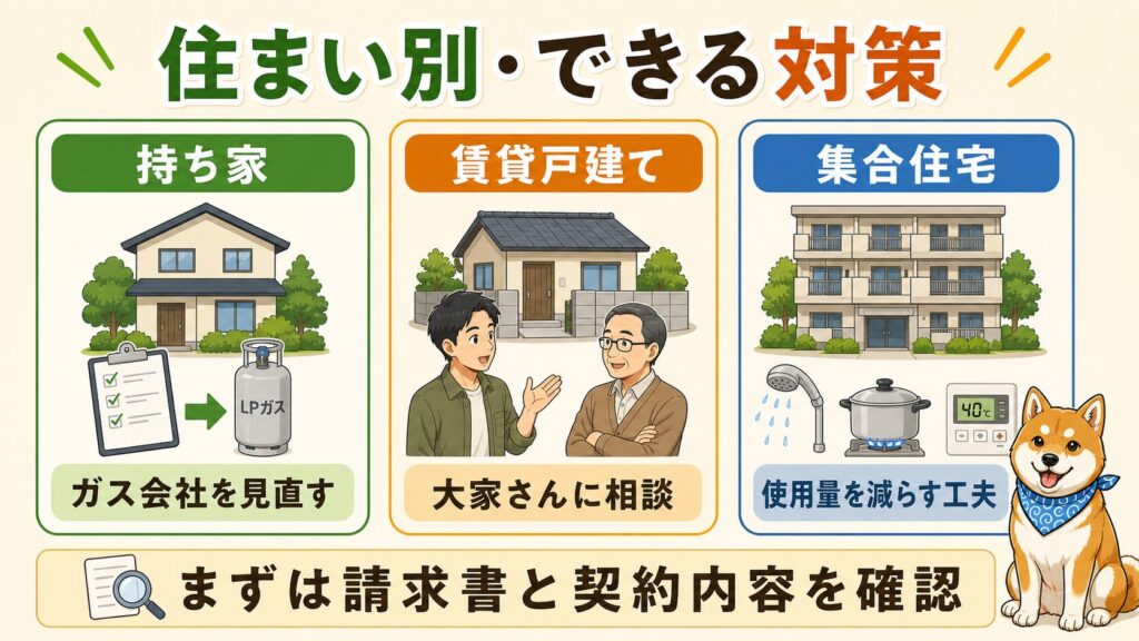 プロパンガス代が高いときに、持ち家・賃貸・集合住宅でできる対策の違いを整理した図解。
