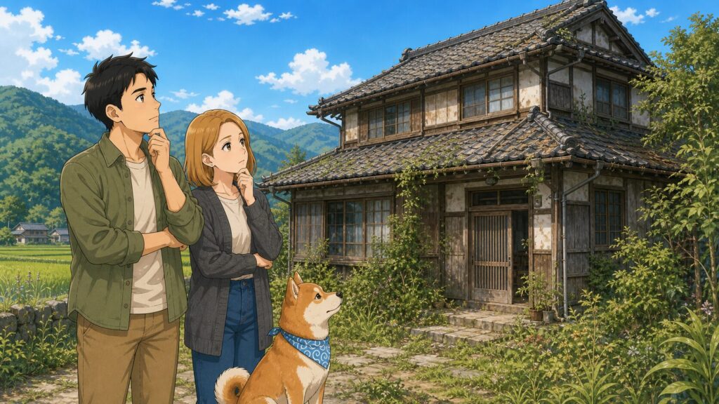 相続した田舎の古い家の前で、ちくちく夫婦と柴犬まさるが家を見上げながら、今後の管理や活用について考えているイラスト。