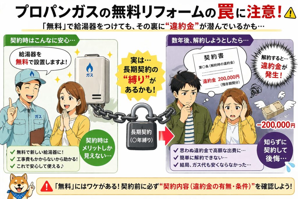 プロパンガスの無料設置の裏に違約金がある無償貸与契約のリスクを示した図