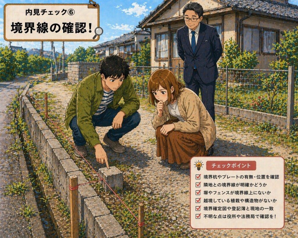 田舎の中古住宅の内見で境界線の位置や境界杭を確認している様子