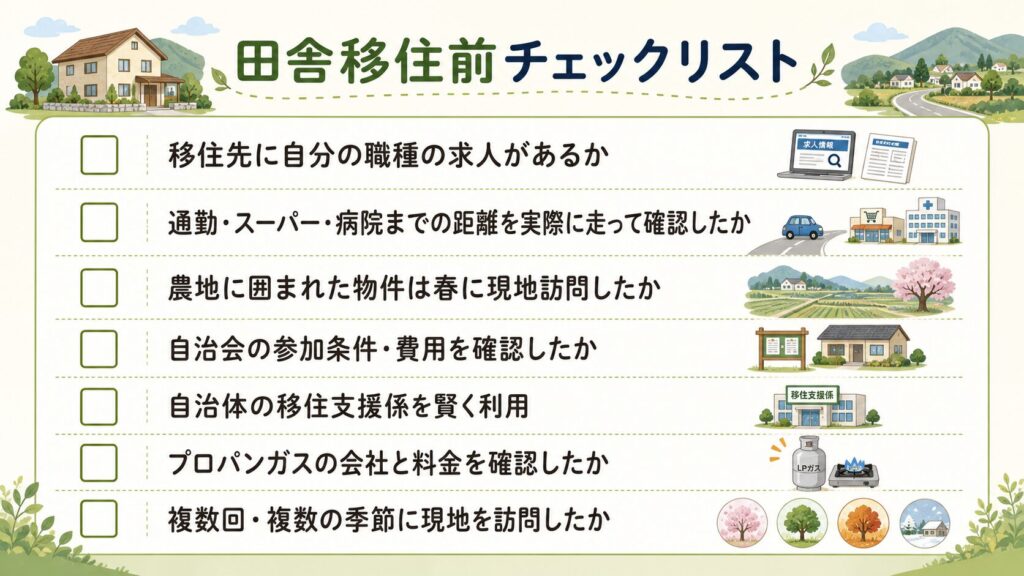田舎移住前に確認したい求人、生活距離、農地、自治会、住民、プロパンガス、季節訪問のチェックリスト図解