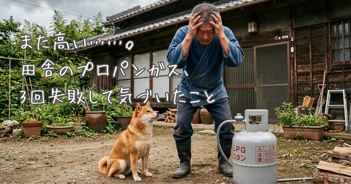 プロパンガスが高くて悩む男性と柴犬