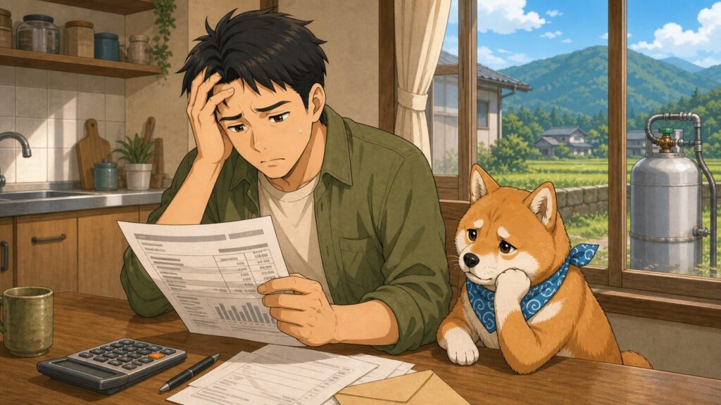プロパンガスの請求書を見て「もうやめたい」と悩むちくちくの横で、柴犬まさるが心配そうに見守っているイラスト。