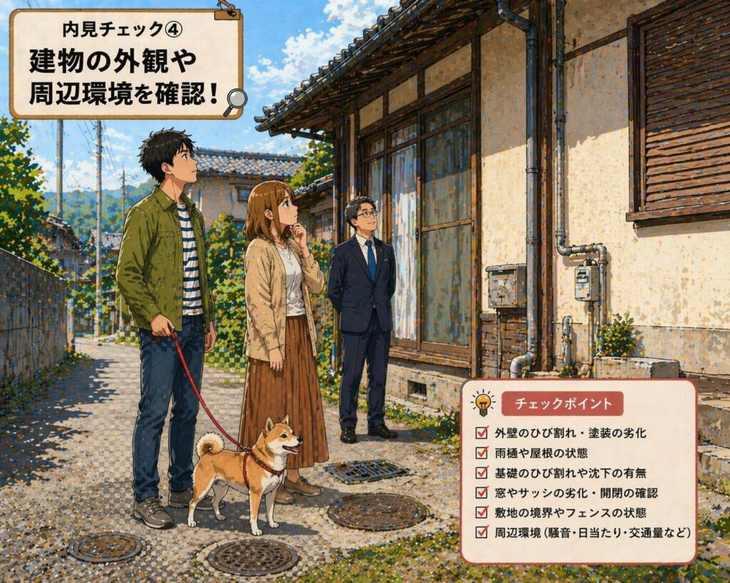 田舎の中古住宅の内見で外観や周辺環境を確認している様子