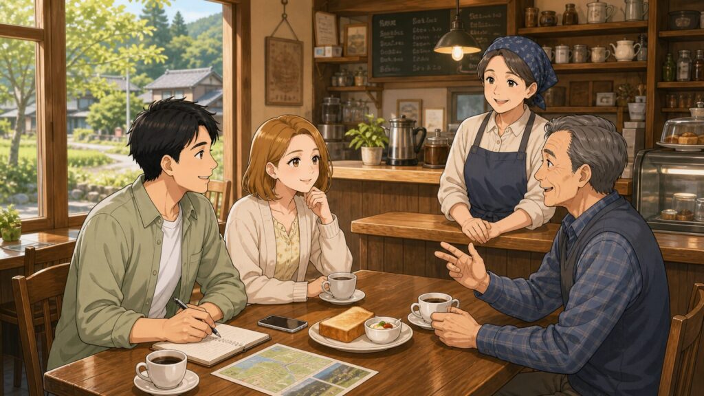 田舎の喫茶店で店主や地元客と話しながら、移住先の地域情報を集めるちくちく夫婦のイラスト