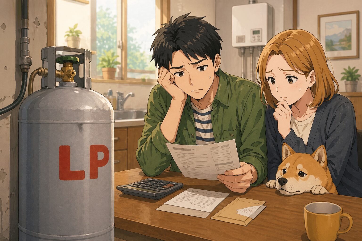 プロパンガス代の請求書を見て悩む夫婦と柴犬(田舎暮らしでガス代が高い状況)