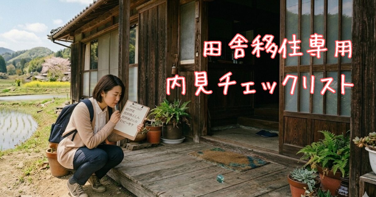 田舎の中古一戸建てを内見中に、物件前でチェックリストを確認している女性の様子