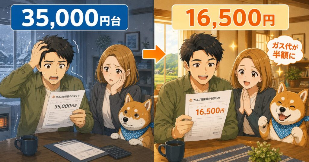 プロパンガス料金消費者協会を利用して、冬のガス代が35,000円台から16,500円に下がった様子を比較したイラスト