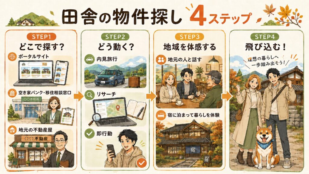 田舎の物件探し4ステップ。STEP1どこで探す（ポータルサイト・空き家バンク・地元の不動産屋）→STEP2どう動く（内見旅行・リサーチ・即行動）→STEP3地域を体感する（地元の人と話す・宿に泊まって暮らしを体験）→STEP4飛び込む（理想の暮らしへ一歩踏み出そう）