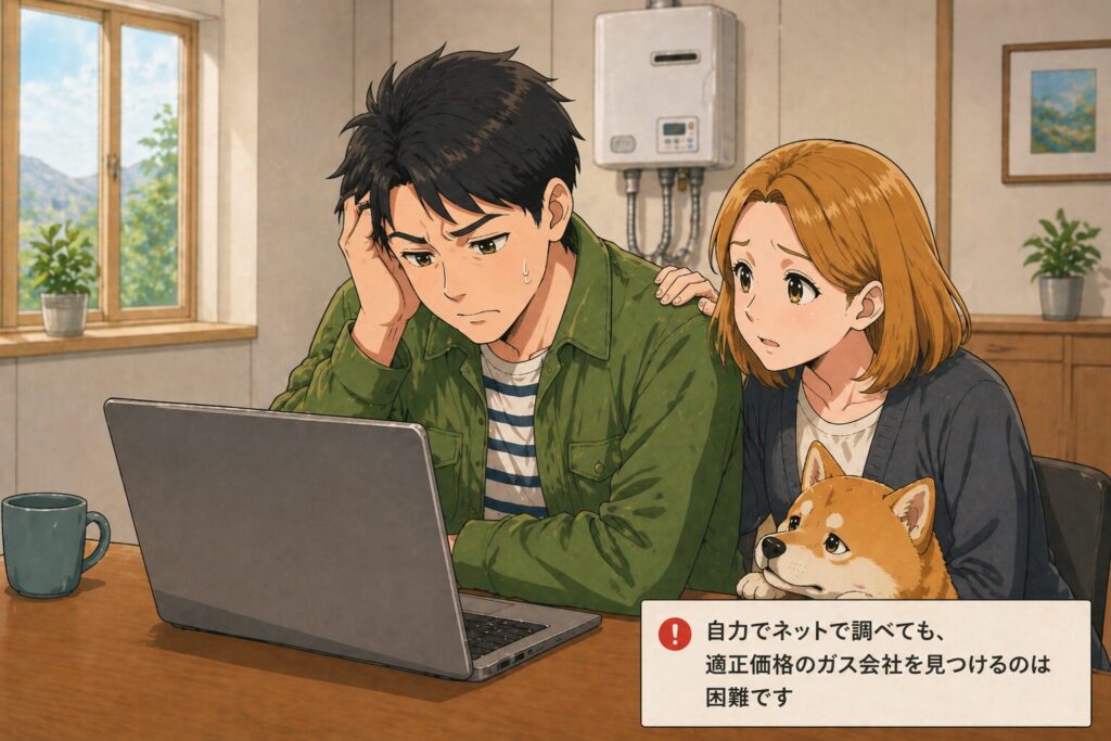田舎でプロパンガス会社をネット検索するも適正価格が見つからず悩む男性と寄り添う女性と柴犬のイラスト