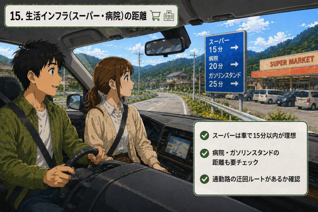 田舎の中古住宅の内見で、スーパーや病院など生活インフラまでの距離を確認している様子