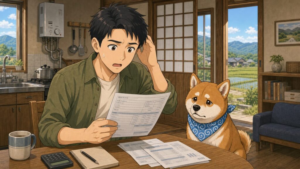 プロパンガスの請求書を見てガス代の高さに驚くちくちくと、そばで見守る柴犬まさるのイラスト。