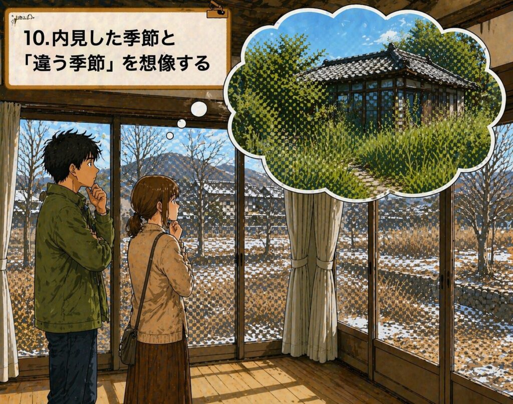 冬に内見した古民家で、夏の草が生い茂る様子を想像している夫婦の様子
