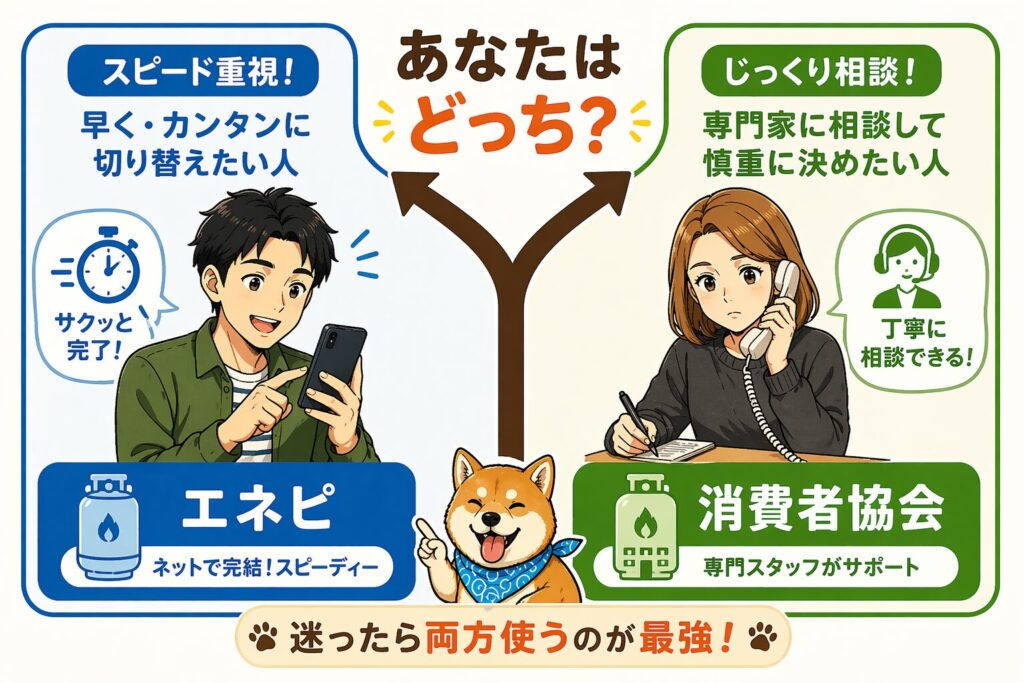 エネピと消費者協会のどちらを選ぶべきか、スピード重視かじっくり相談かで分かれるプロパンガス切り替えサービスの分岐図