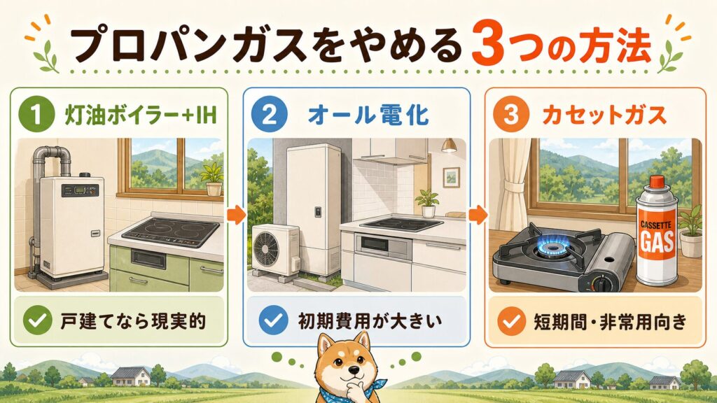 プロパンガスをやめる方法として、灯油ボイラー+IH、オール電化、カセットガスの3つを比較した図解。