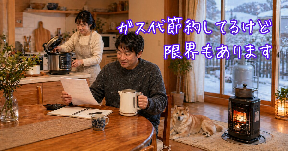 プロパンガス代の節約術を実践する夫婦のアイキャッチ画像。電気圧力鍋、電気ケトル、灯油ストーブを活用してガス使用量を減らす工夫を表現。