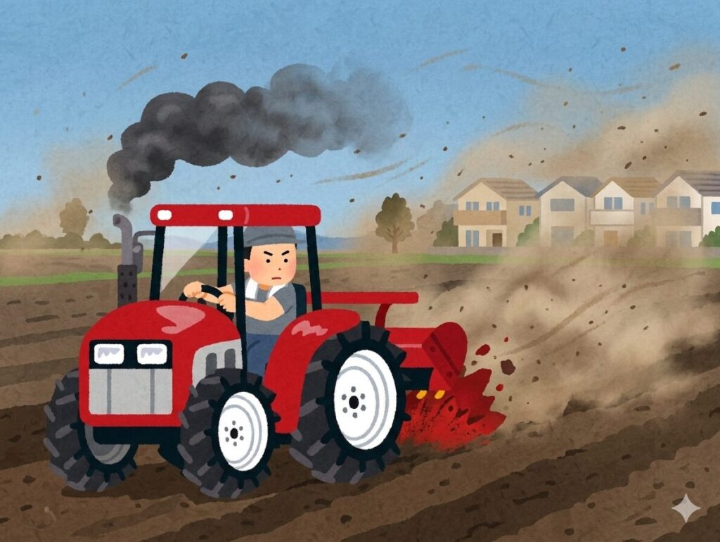 土煙を上げるトラクターのイラスト