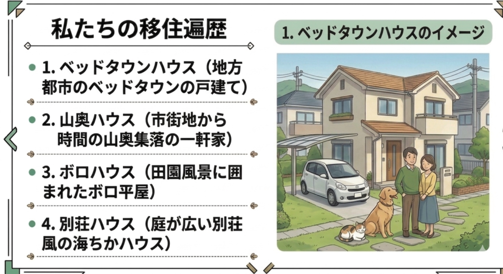 移住歴の説明とベッドタウンハウスのイメージ