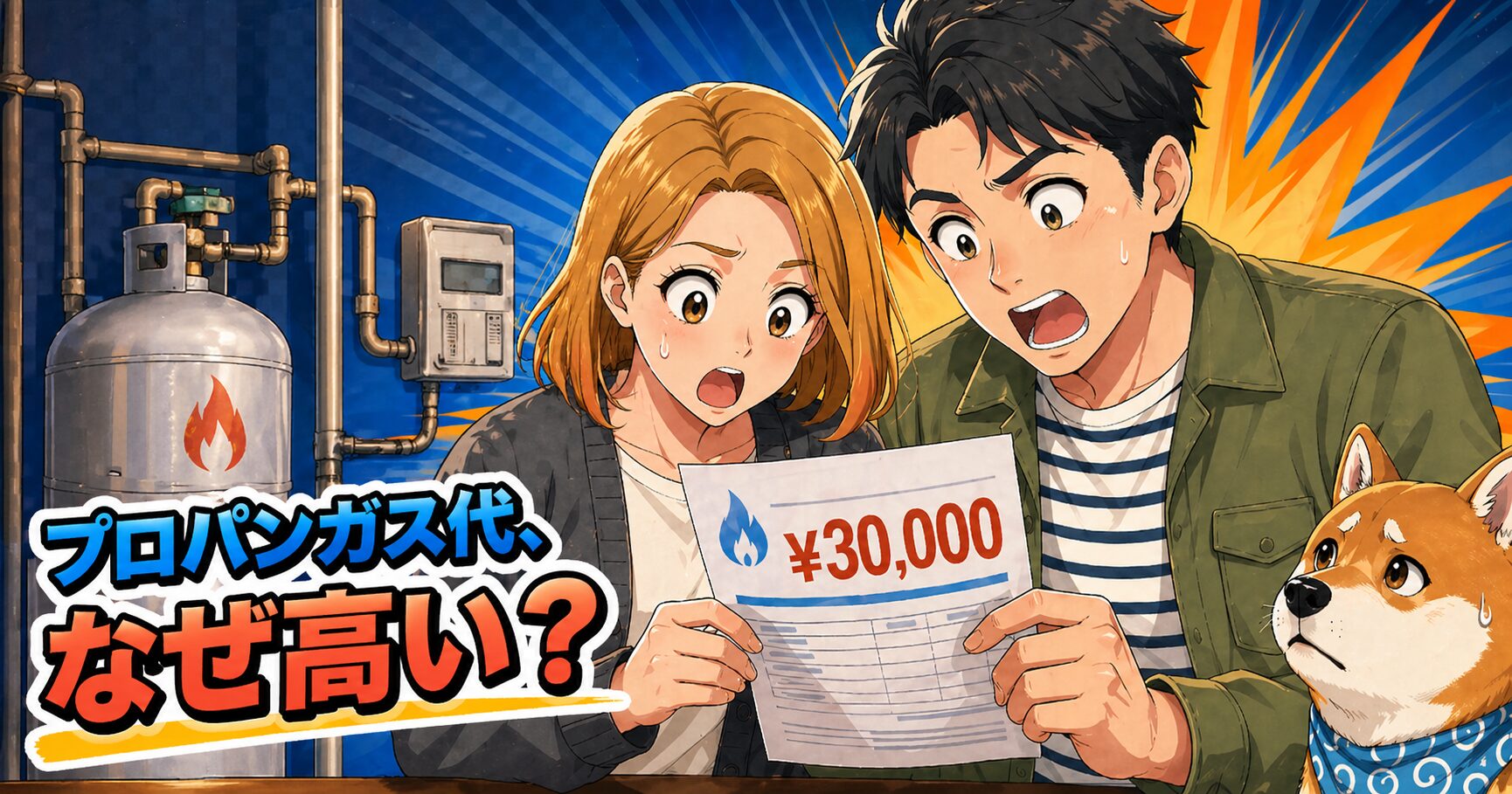 プロパンガス代が高い理由を解説する記事のアイキャッチ画像。3万円の請求書に驚く夫婦と柴犬、プロパンガスボンベをアニメ調で表現。