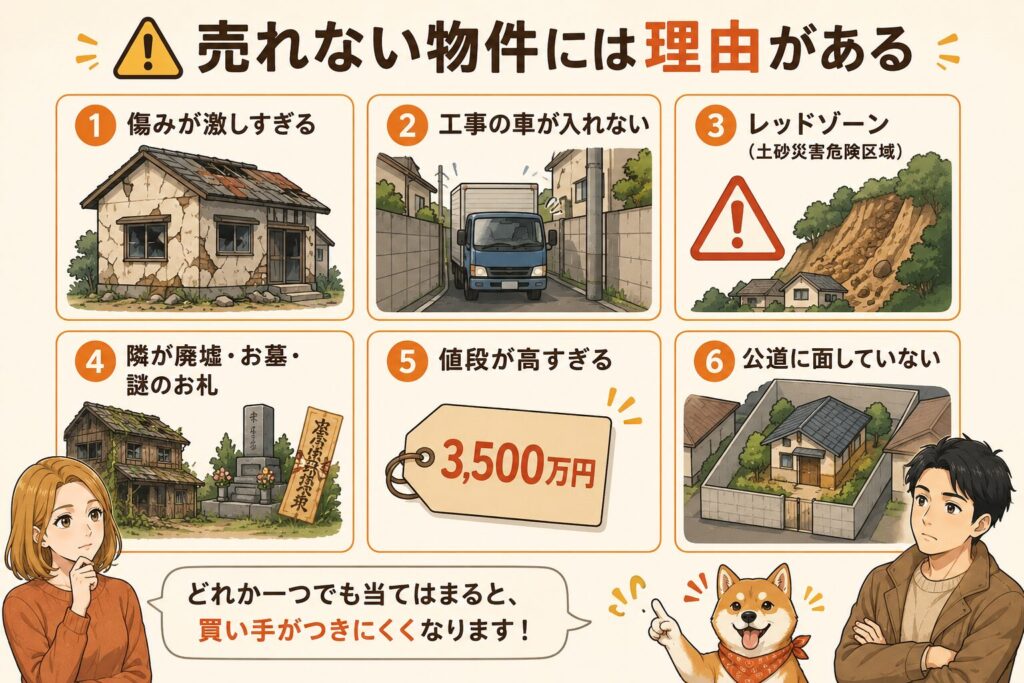 売れない物件には理由がある。6つの理由を図解：①傷みが激しすぎる②工事の車が入れない③レッドゾーン（土砂災害危険区域）④隣が廃墟・お墓・謎のお札⑤値段が高すぎる⑥公道に面していない