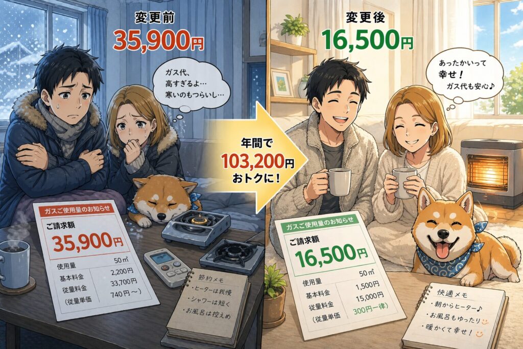 プロパンガス料金のビフォーアフター比較。冬の請求35900円で寒さに耐える夫婦と犬、変更後は16500円で暖かく快適に過ごす様子