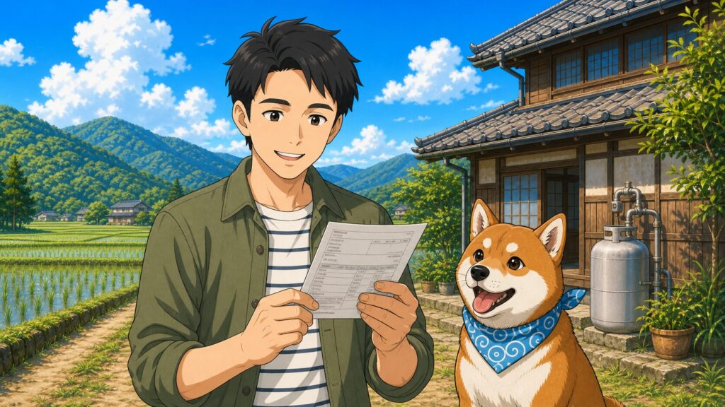 夏の田舎の家で、ちくちくがプロパンガスの検針票を確認し、柴犬まさるがそばで見守っているイラスト。