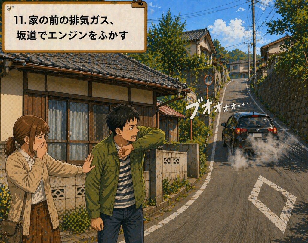 坂道の前にある古民家で、車の排気ガスやエンジン音の影響を確認している様子