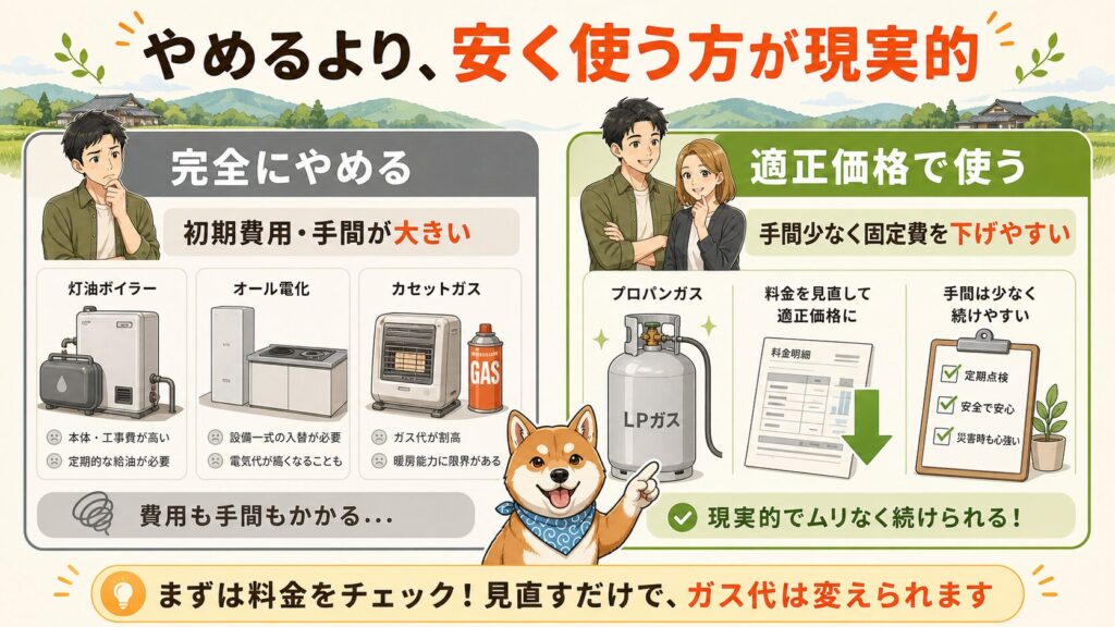 プロパンガスを完全にやめる場合と、適正価格で安く使う場合を比較し、初期費用や手間の違いを示した図解。