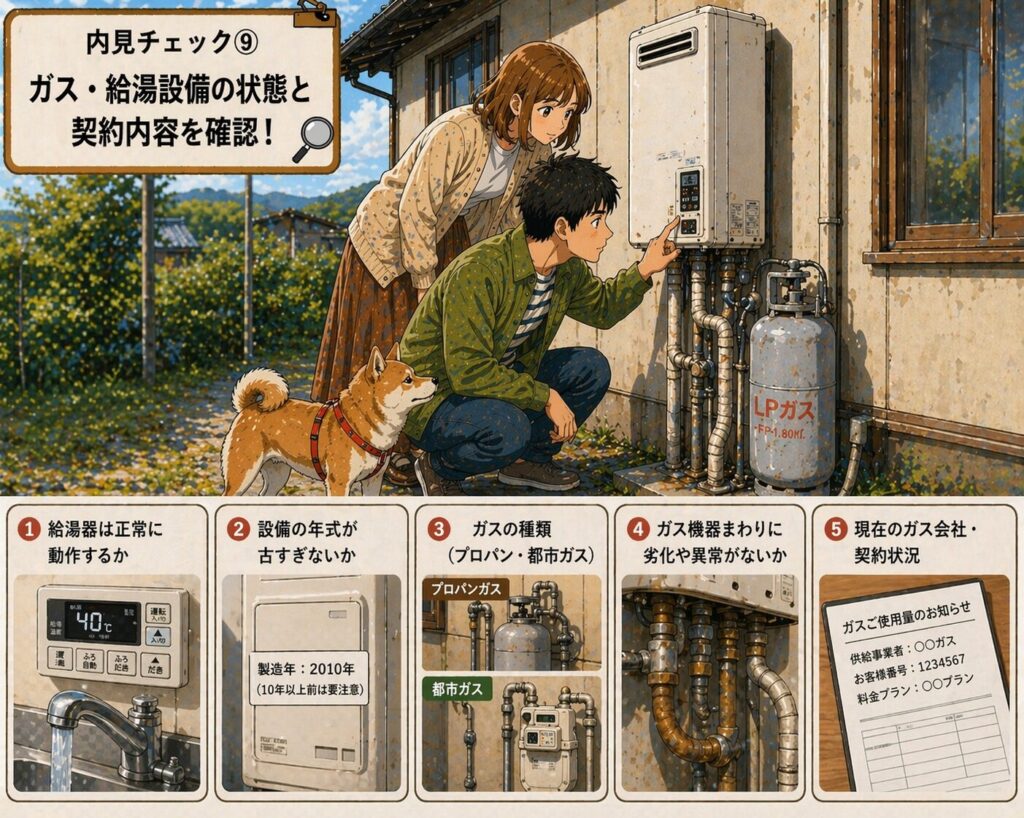 田舎の中古住宅の内見でガス設備や給湯器の状態と契約内容を確認している様子