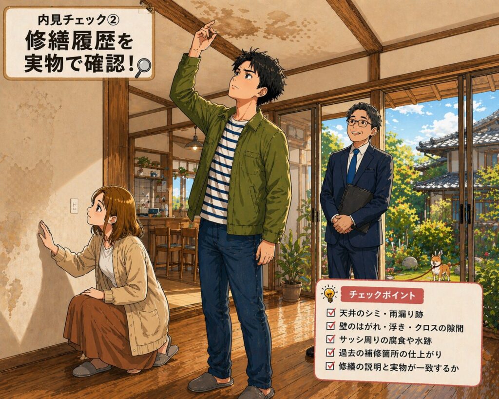 田舎の中古住宅の内見で修繕履歴を確認するため天井や壁をチェックしている様子