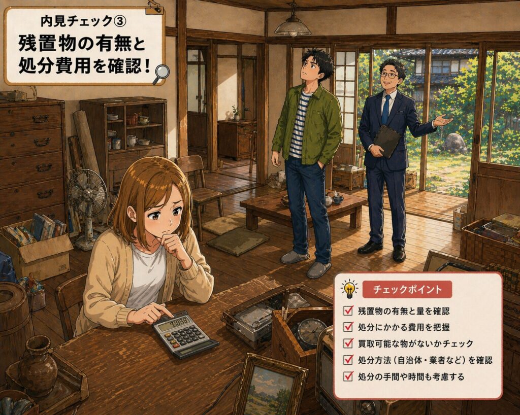 田舎の中古住宅の内見で残置物の有無と処分費用を確認している様子