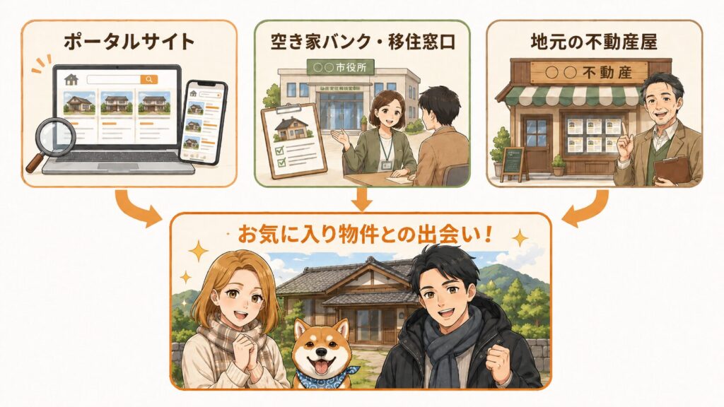 田舎の物件探し3つのルート図解。ポータルサイト・空き家バンク／移住窓口・地元の不動産屋の3つから、お気に入り物件との出会いへつながるフロー図。