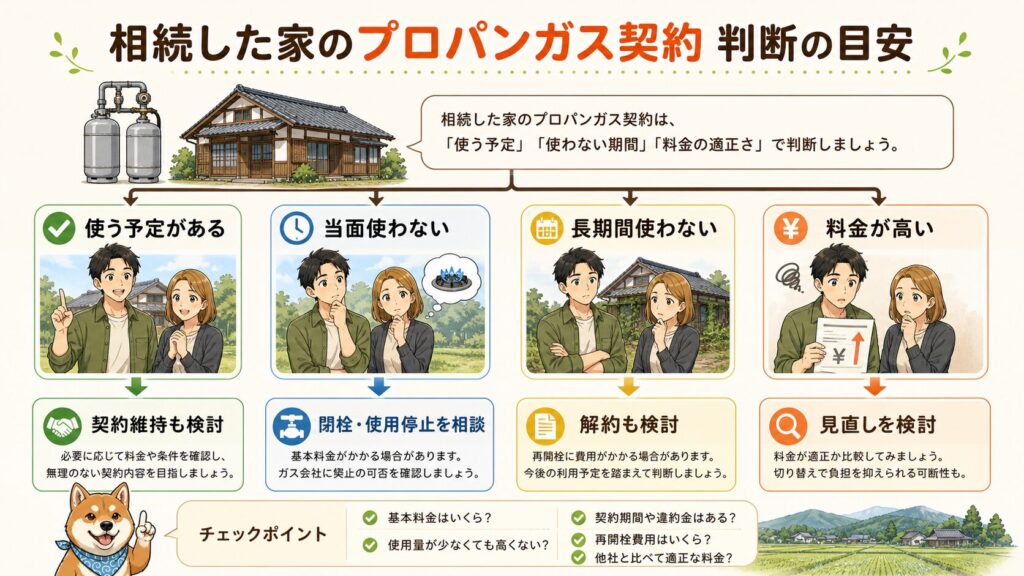 相続した田舎の家のプロパンガス契約について、使う予定がある、当面使わない、長期間使わない、料金が高い場合の判断目安を示した図解。