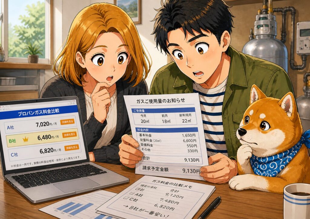 プロパンガスの請求書を見ながらネットで料金を比較し適正価格を確認する夫婦と柴犬