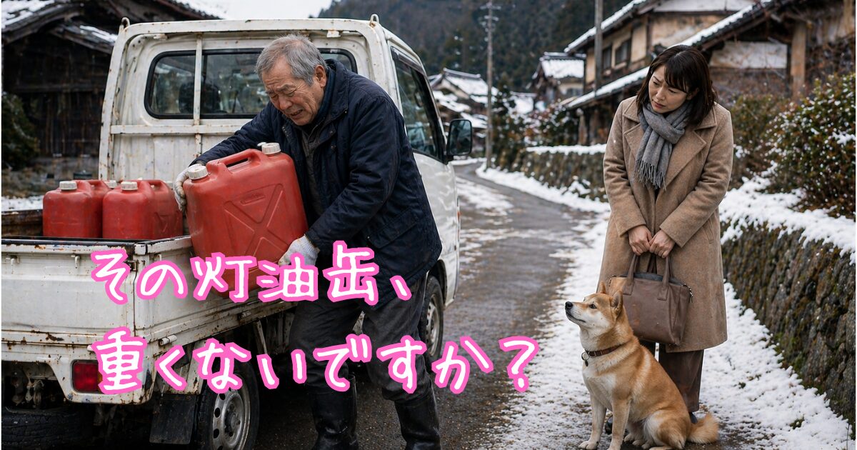 灯油缶、重くないか心配で見ている女性と柴犬