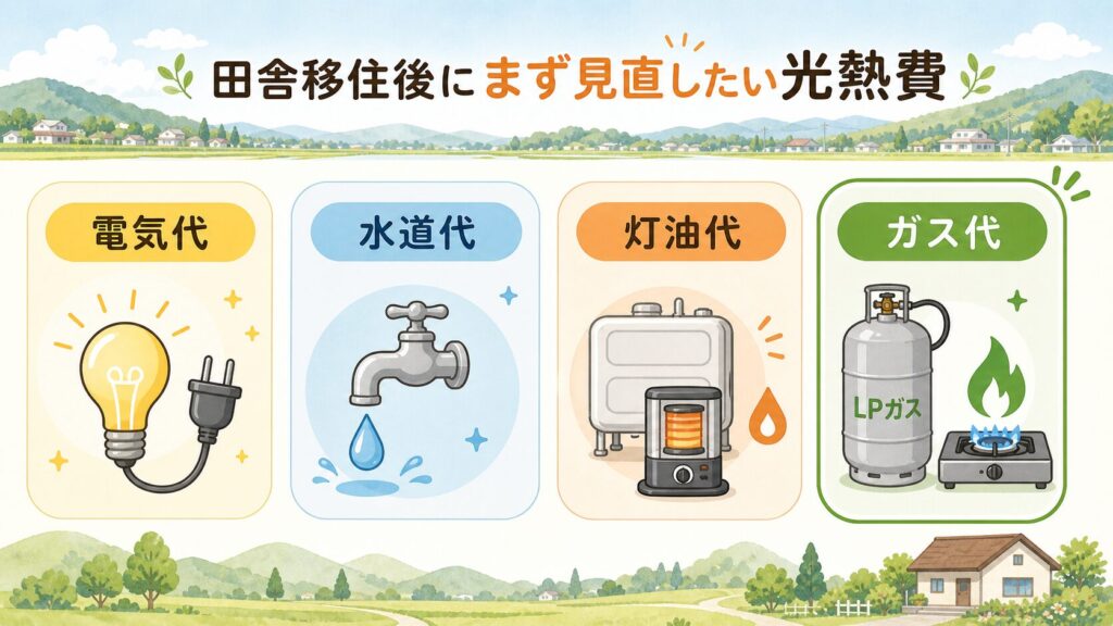 田舎移住後に見直したい光熱費として、電気代・水道代・灯油代・ガス代の4項目を並べたアイコン図解