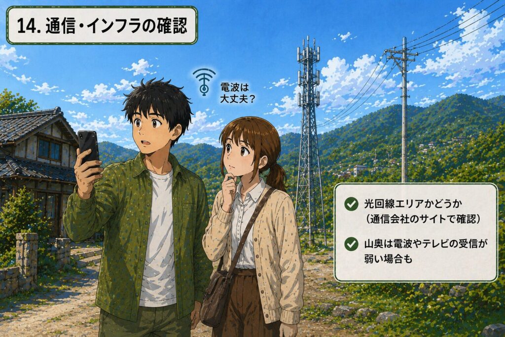 田舎移住前にスマホの電波や通信インフラ（光回線エリア）を確認している内見の様子